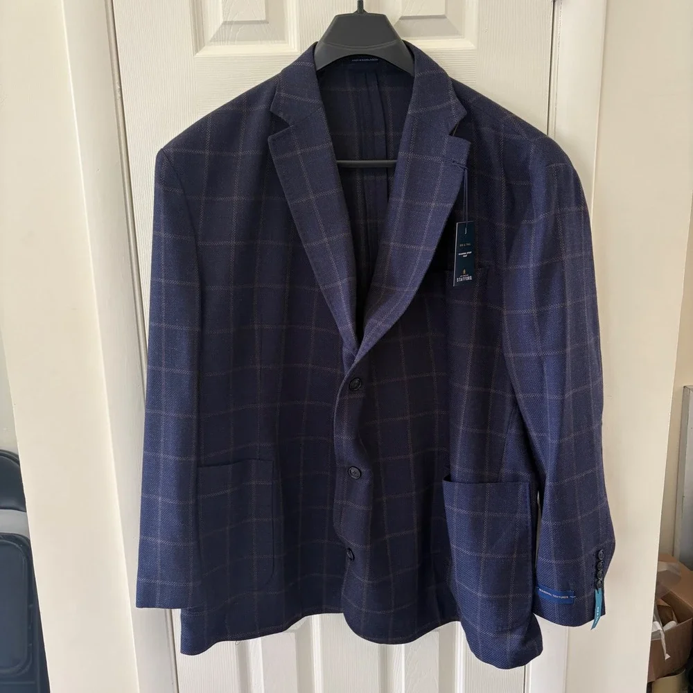 Stafford Big‎ & Tall Navy Windowpane Wool Blend Sport Coat Blazer 56R New
